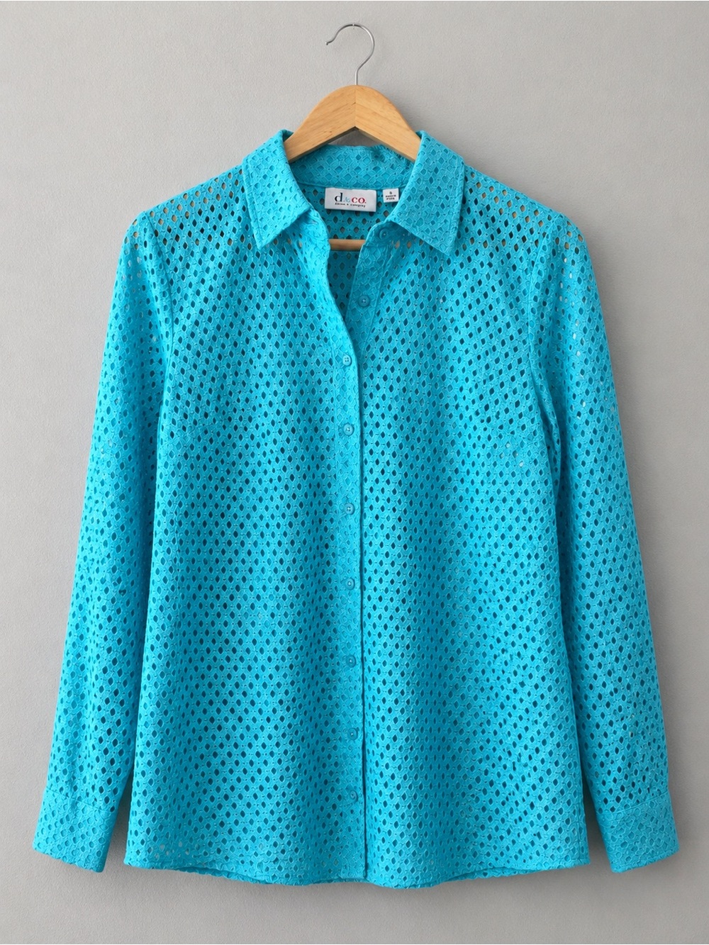 D&Co Denim & Company Aqua Eyelet Lace Button Front Shirt Womens Small